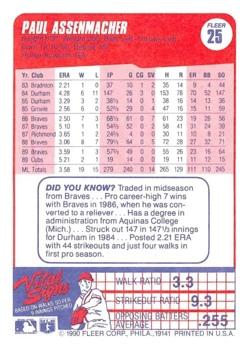 1990 Fleer #25 Paul Assenmacher NM-MT Chicago Cubs Baseball Card - Baseball Card Single