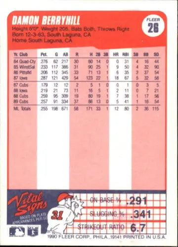 1990 Fleer #26 Damon Berryhill NM-MT Cubs ID:3596 - Baseball Card Single