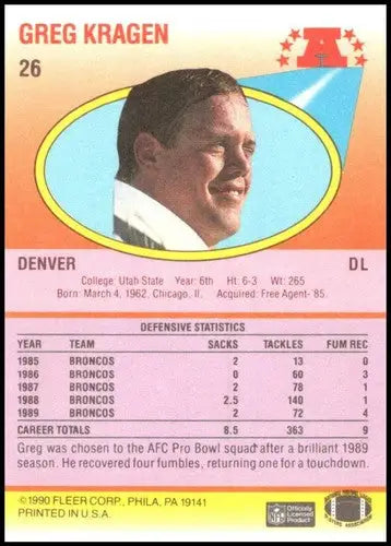 Original gloss 1990 Fleer Greg Kragen Broncos football card featuring Greg Kragen of Denver Broncos