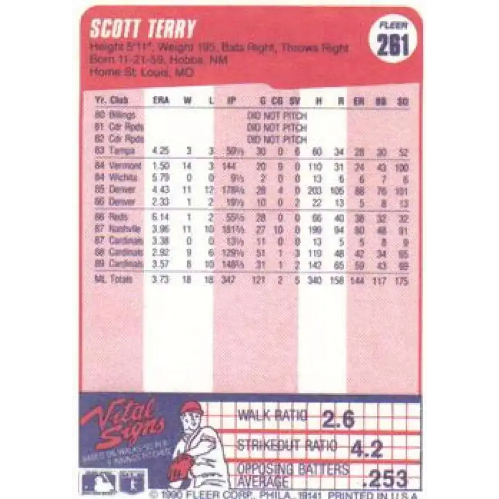 1990 Fleer #261 Scott Terry NM-MT St. Louis Cardinals Baseball Card - Baseball Card Single