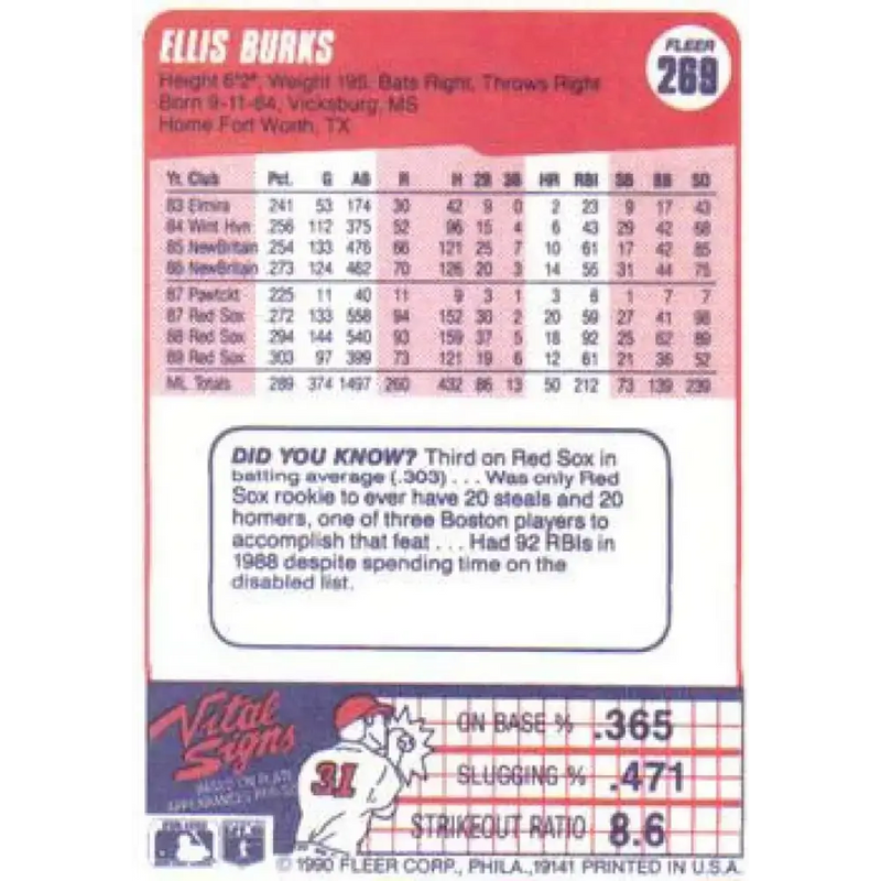 1990 Fleer #269 Ellis Burks NM-MT Boston Red Sox Baseball Card - Baseball Card Single