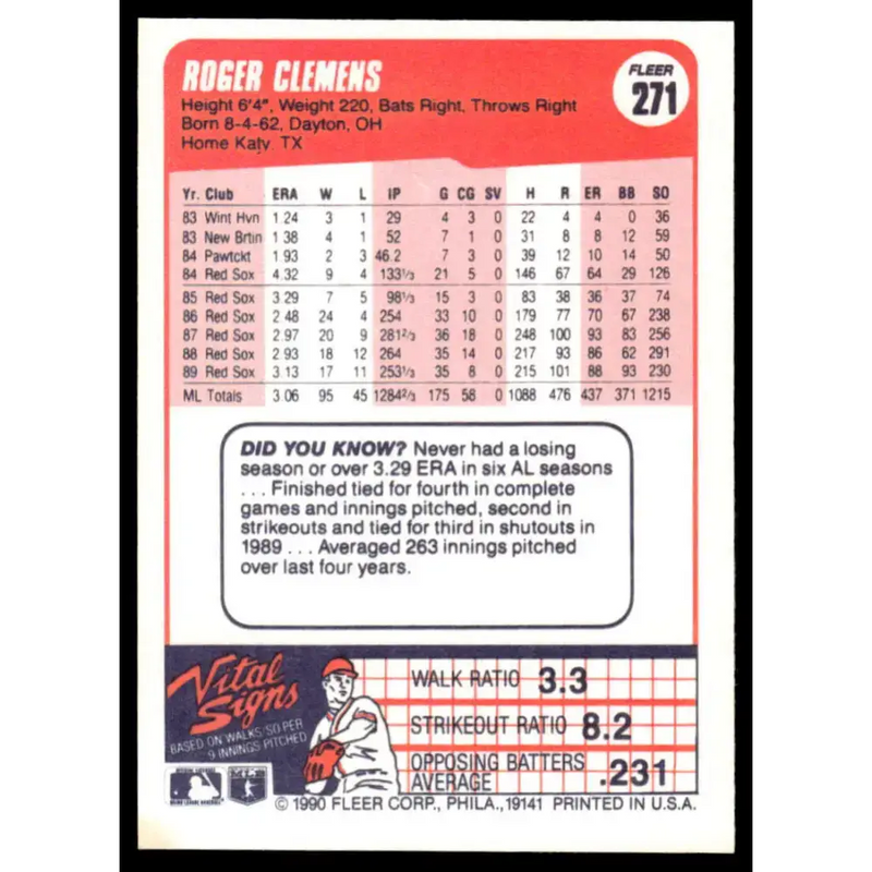 1990 Fleer #271 Roger Clemens EX/NM Boston Red Sox Baseball Card - Baseball Card Single