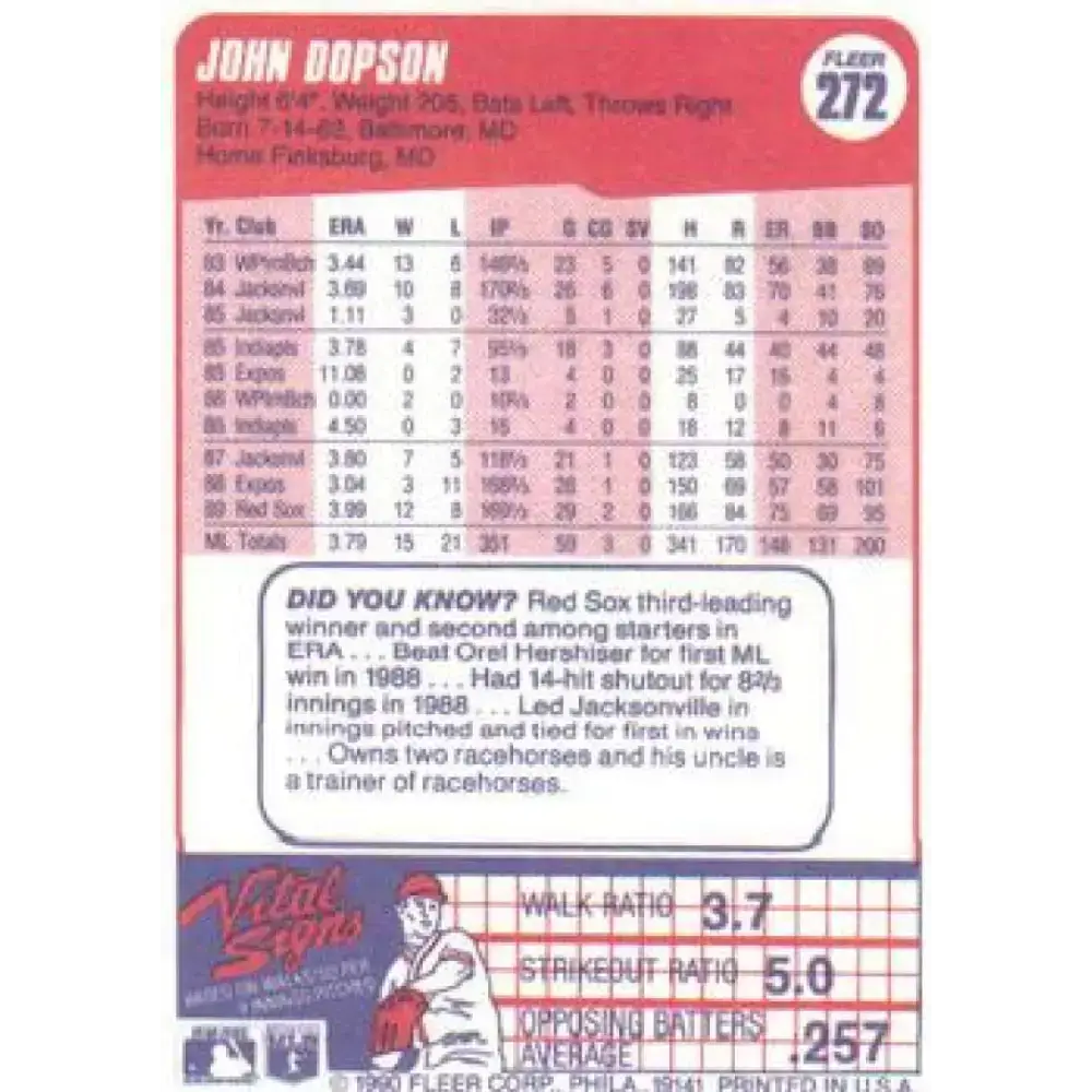 1990 Fleer #272 John Dopson NM-MT Boston Red Sox Baseball Card - Baseball Card Single