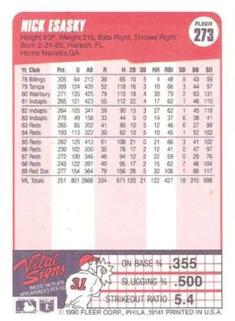 1990 Fleer #273 Nick Esasky NM-MT Boston Red Sox Baseball Card - Baseball Card Single