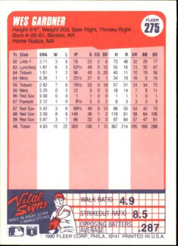 1990 Fleer #275 Wes Gardner NM-MT Red Sox ID:3620 - Baseball Card Single