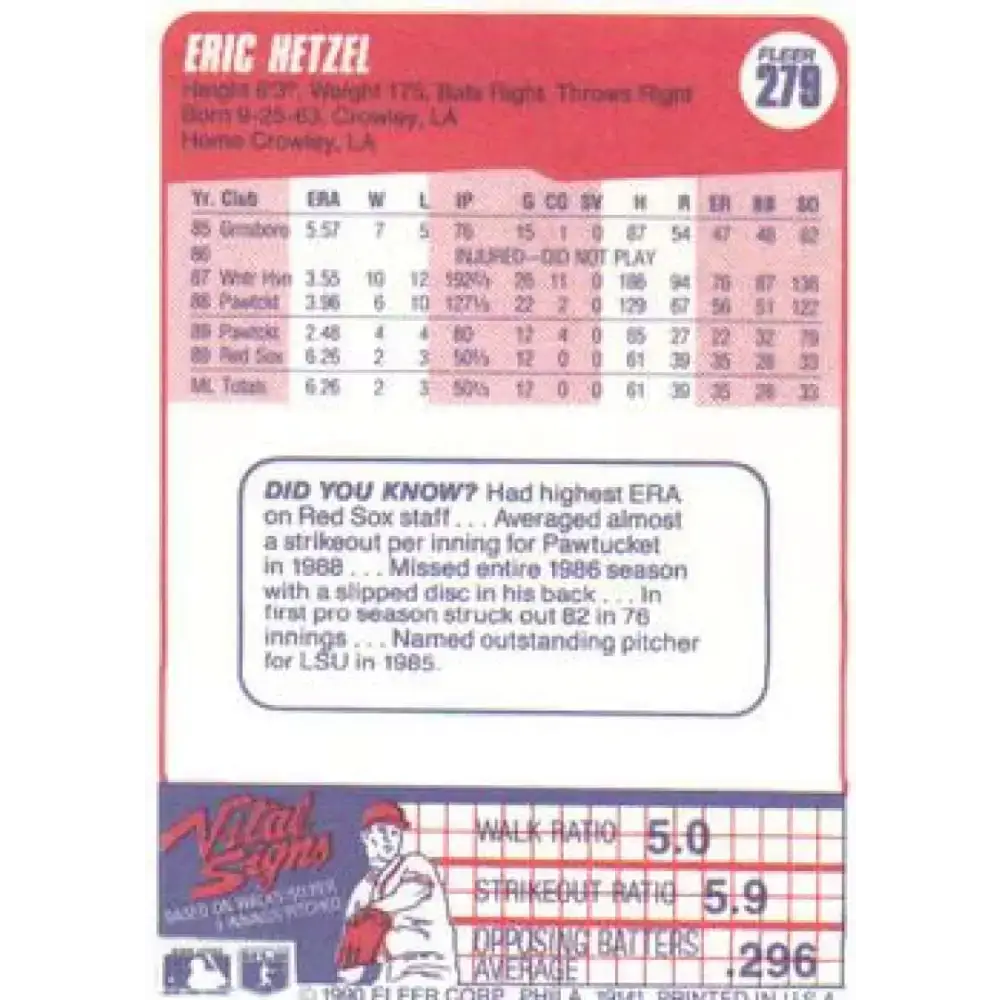 1990 Fleer #279 Eric Hetzel NM-MT Boston Red Sox Baseball Card - Baseball Card Single