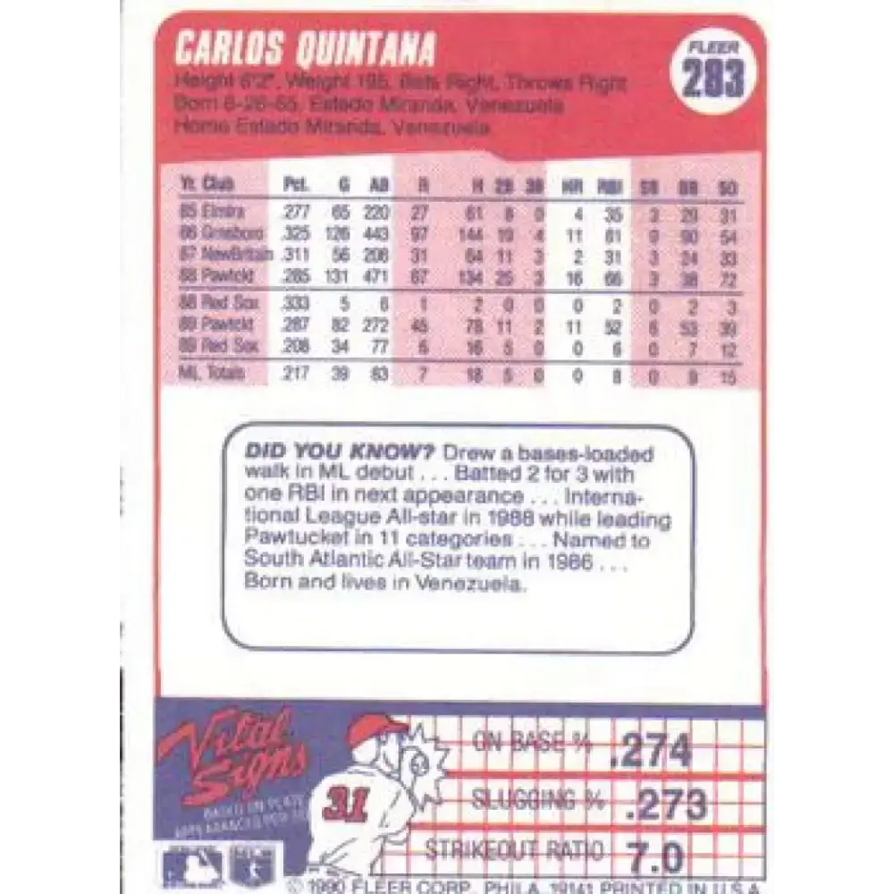 1990 Fleer #283 Carlos Quintana NM-MT Boston Red Sox Baseball Card - Baseball Card Single