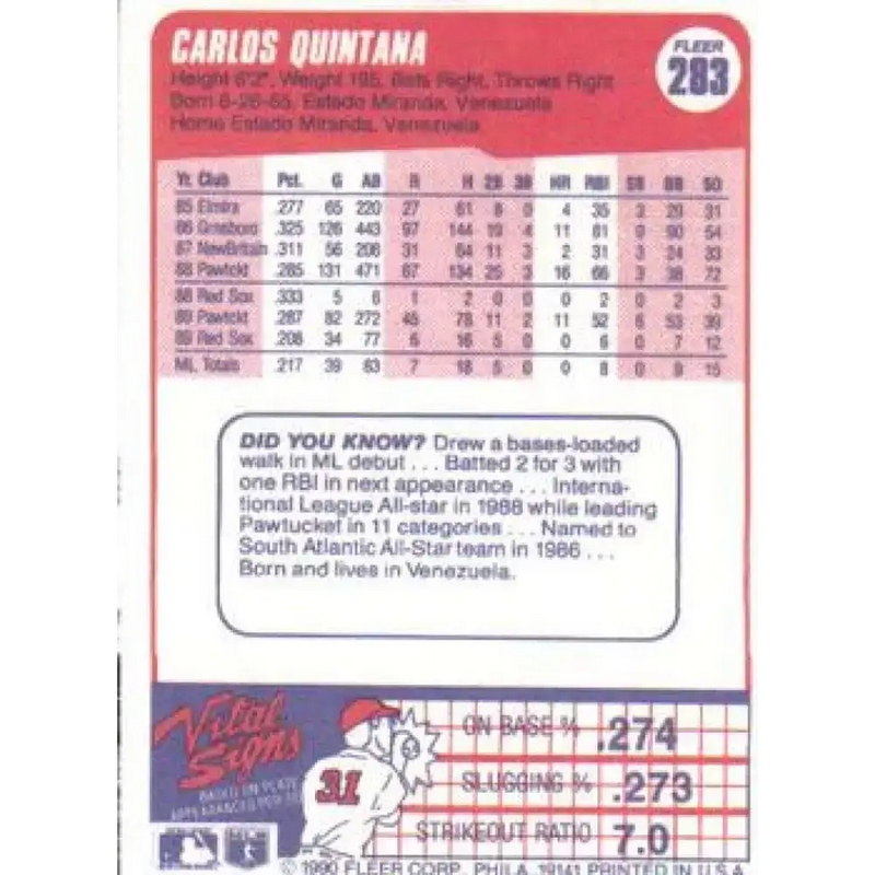 1990 Fleer #283 Carlos Quintana NM-MT Boston Red Sox Baseball Card - Baseball Card Single