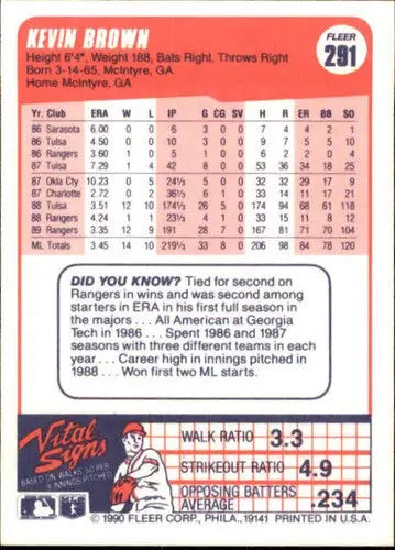 1990 Fleer #291 Kevin Brown NM-MT Rangers ID:3621 - Baseball Card Single