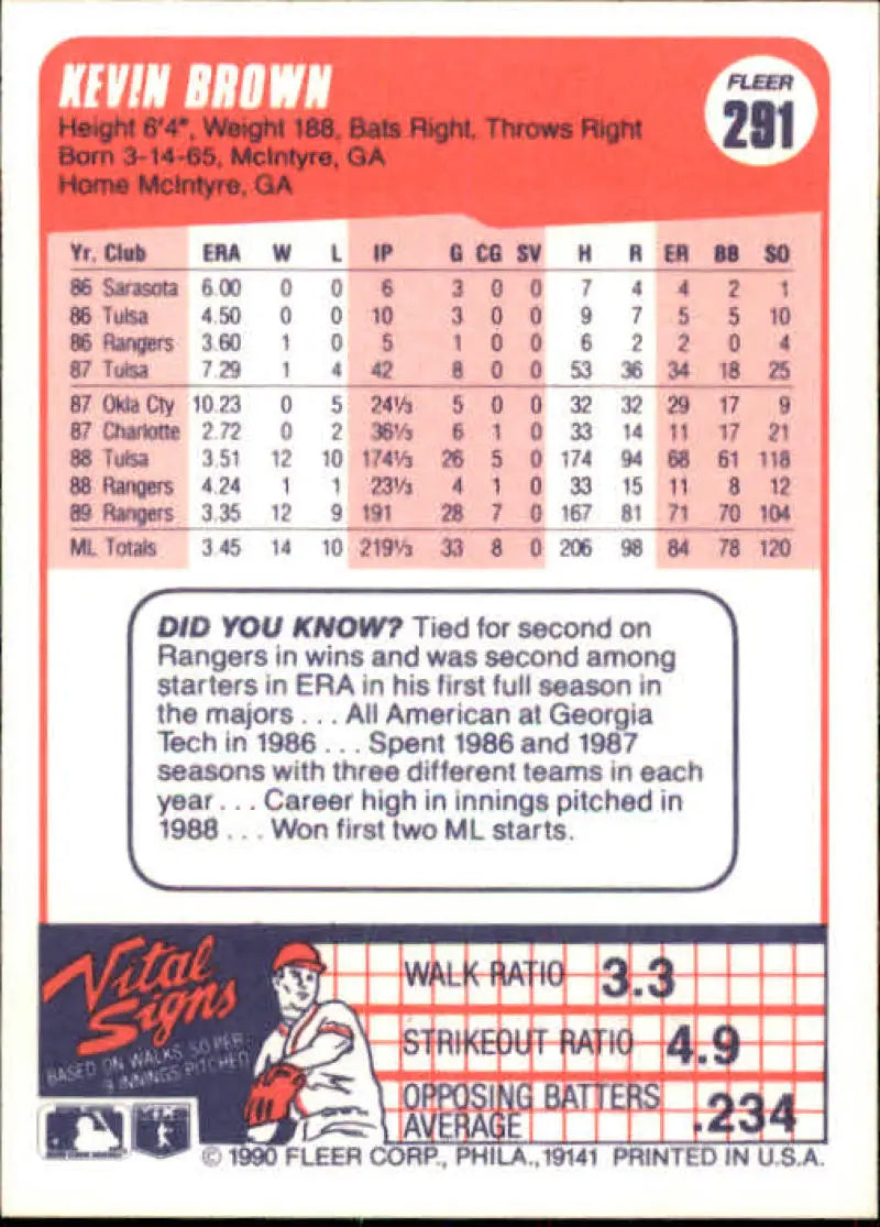 1990 Fleer #291 Kevin Brown NM-MT Texas Rangers Baseball Card - Baseball Card Single