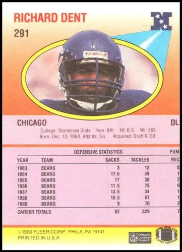 Back of 1990 Fleer #291 Richard Dent Bears NFL card with defensive stats from 1983-1989