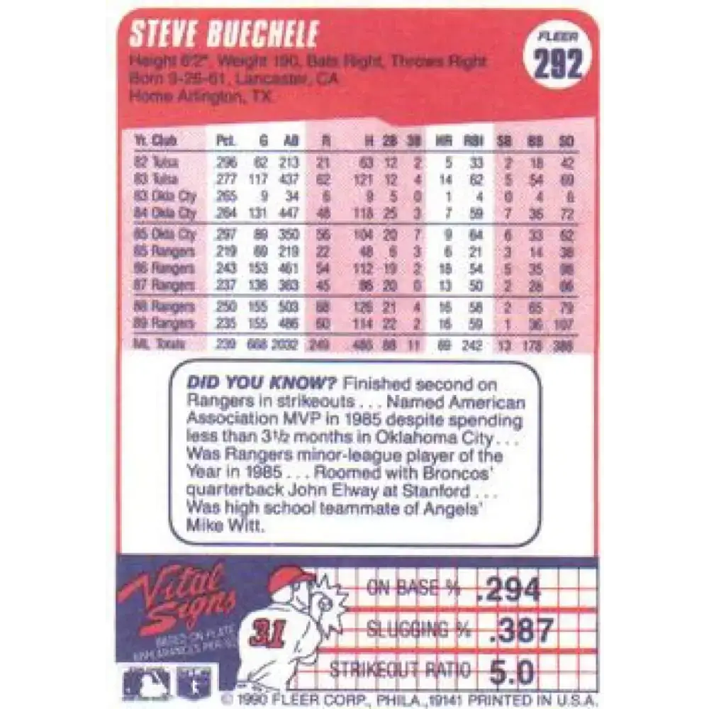 1990 Fleer #292 Steve Buechele NM-MT Texas Rangers Baseball Card - Baseball Card Single