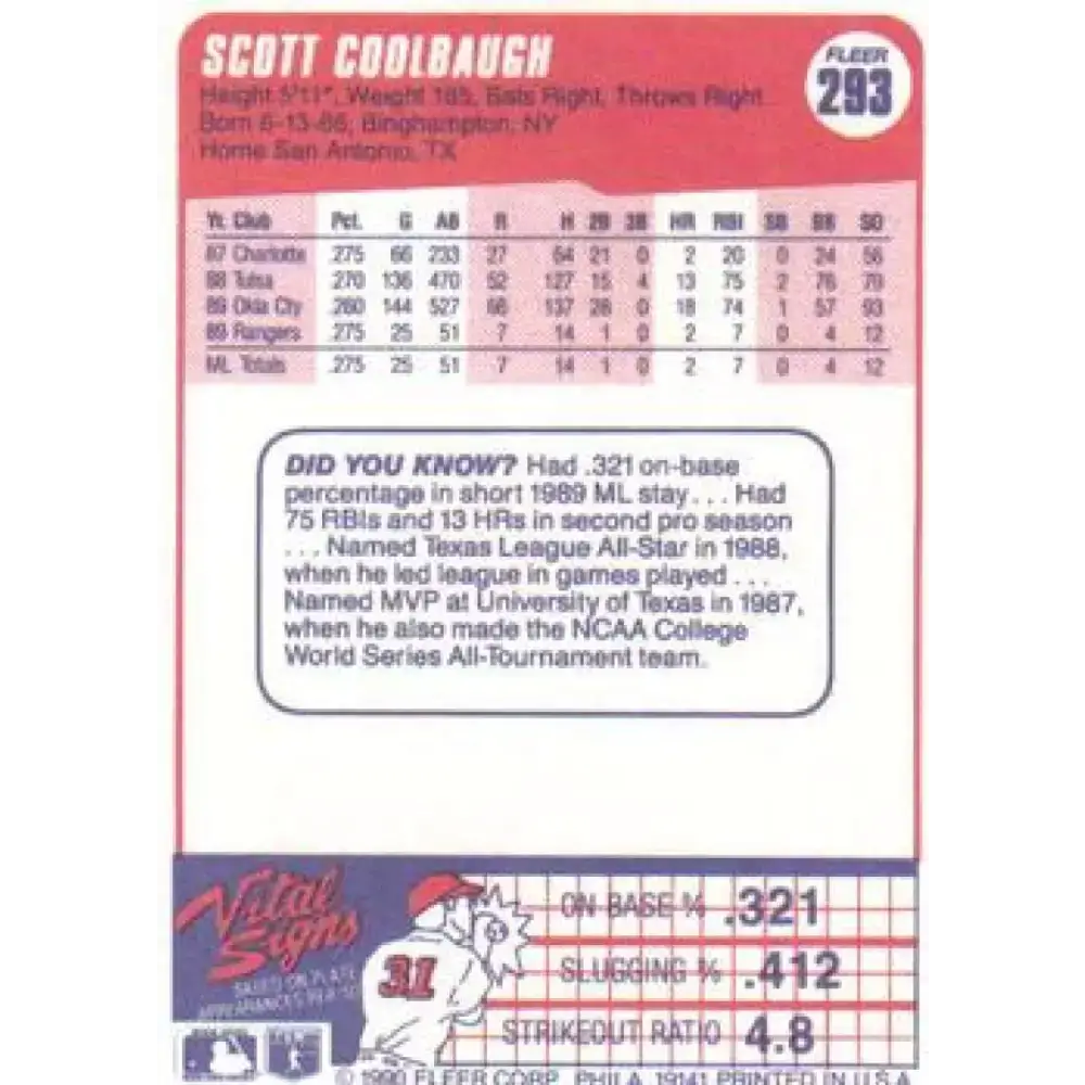 1990 Fleer #293 Scott Coolbaugh NM-MT RC Rookie Texas Rangers Baseball Card - Baseball Card Single