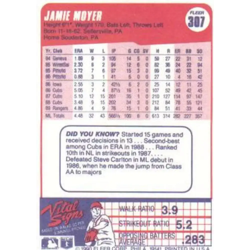 1990 Fleer #307 Jamie Moyer NM-MT Texas Rangers Baseball Card