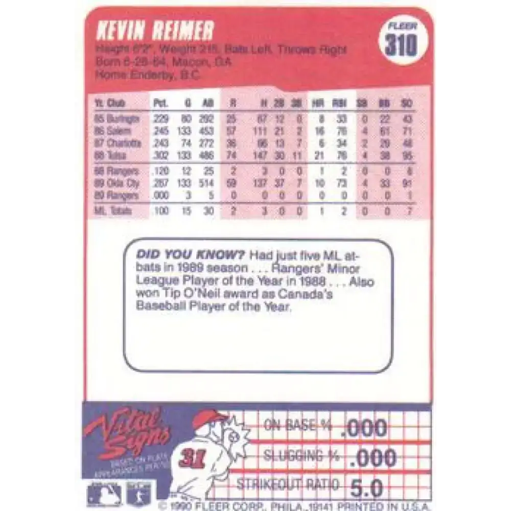 1990 Fleer #310 Kevin Reimer NM-MT Texas Rangers Baseball Card - Baseball Card Single