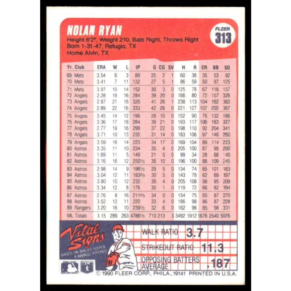 1990 Fleer #313 Nolan Ryan EX/NM Texas Rangers Baseball Card - Baseball Card Single