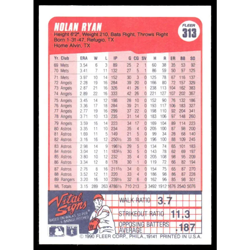 1990 Fleer #313 Nolan Ryan EX/NM Texas Rangers Baseball Card - Baseball Card Single