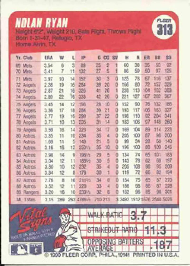 1990 Fleer #313 Nolan Ryan NM-MT Texas Rangers Baseball Card - Baseball Card Single
