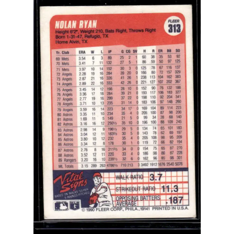 1990 Fleer #313 Nolan Ryan Texas Rangers NM-MT Baseball Card - Baseball Card Single