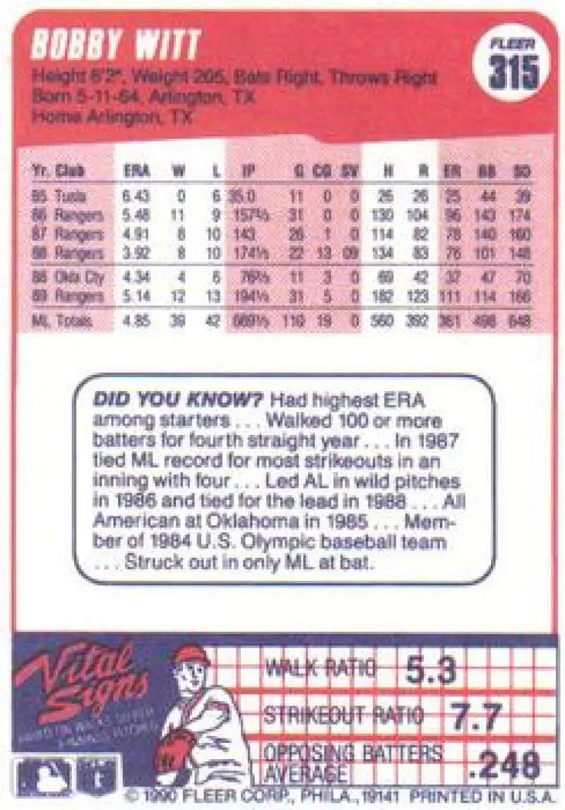 1990 Fleer #315 Bobby Witt NM-MT Texas Rangers Baseball Card - Baseball Card Single