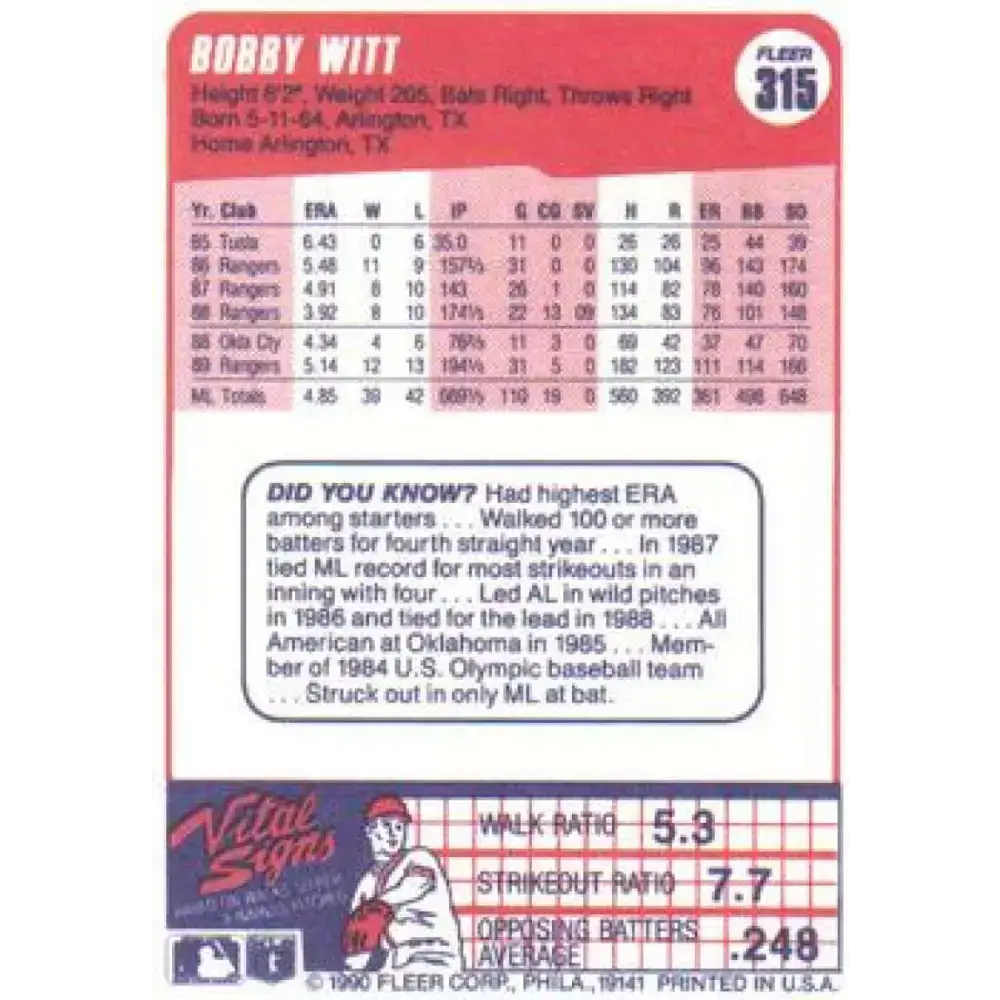 1990 Fleer #315 Bobby Witt NM-MT Texas Rangers Baseball Card - Baseball Card Single
