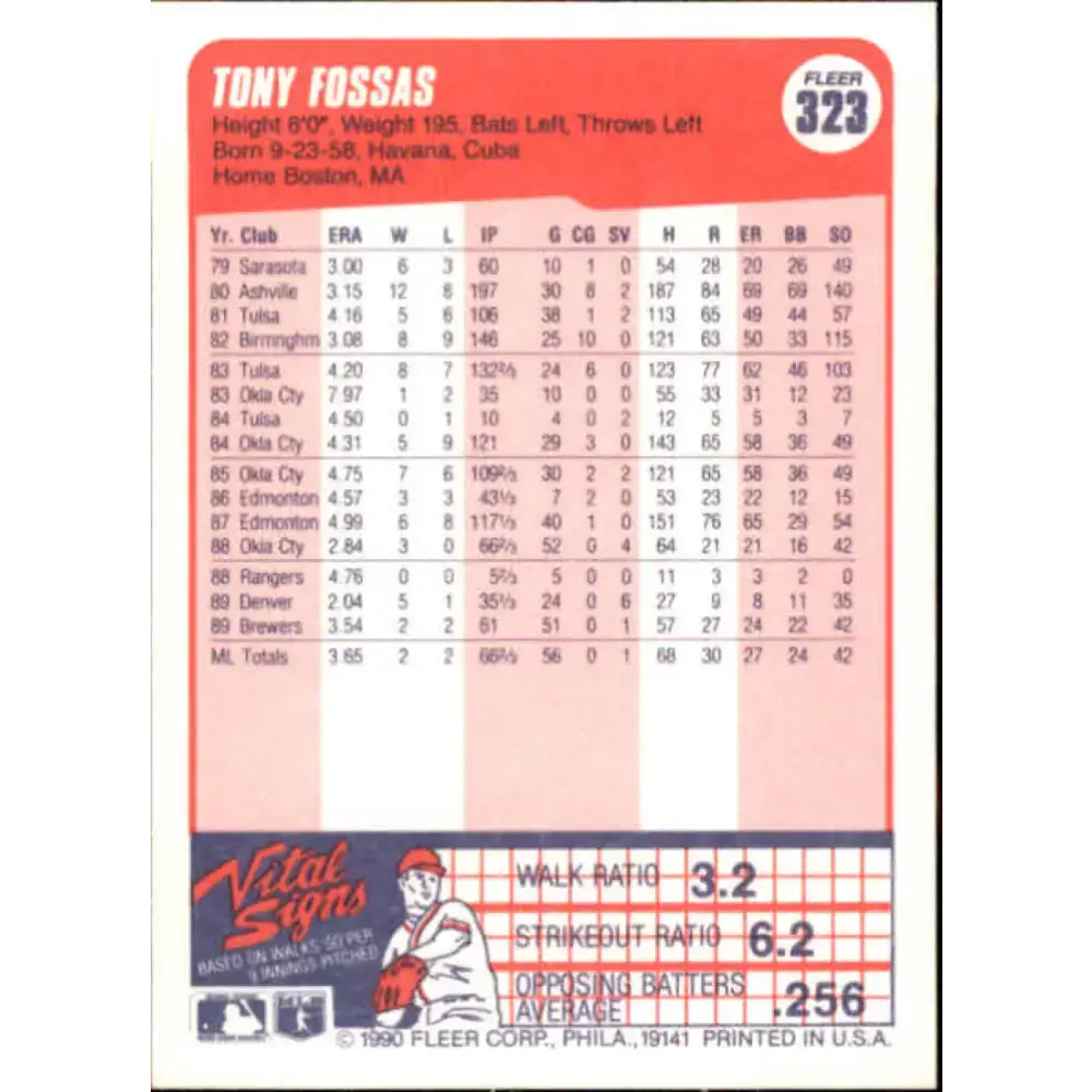 1990 Fleer #323 Tony Fossas NM-MT RC Rookie Milwaukee Brewers Baseball Card - Baseball Card Single