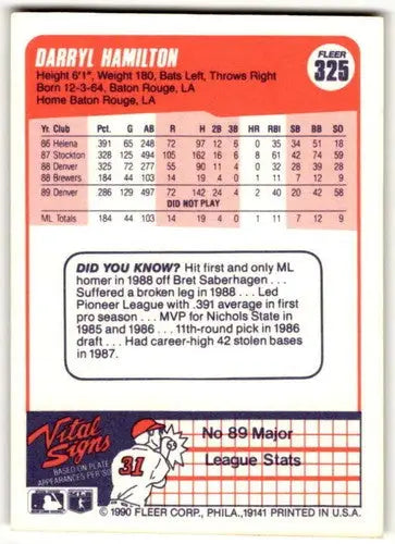 Original gloss Darryl Hamilton baseball card from 1990 Fleer #325 for sports cards collectors
