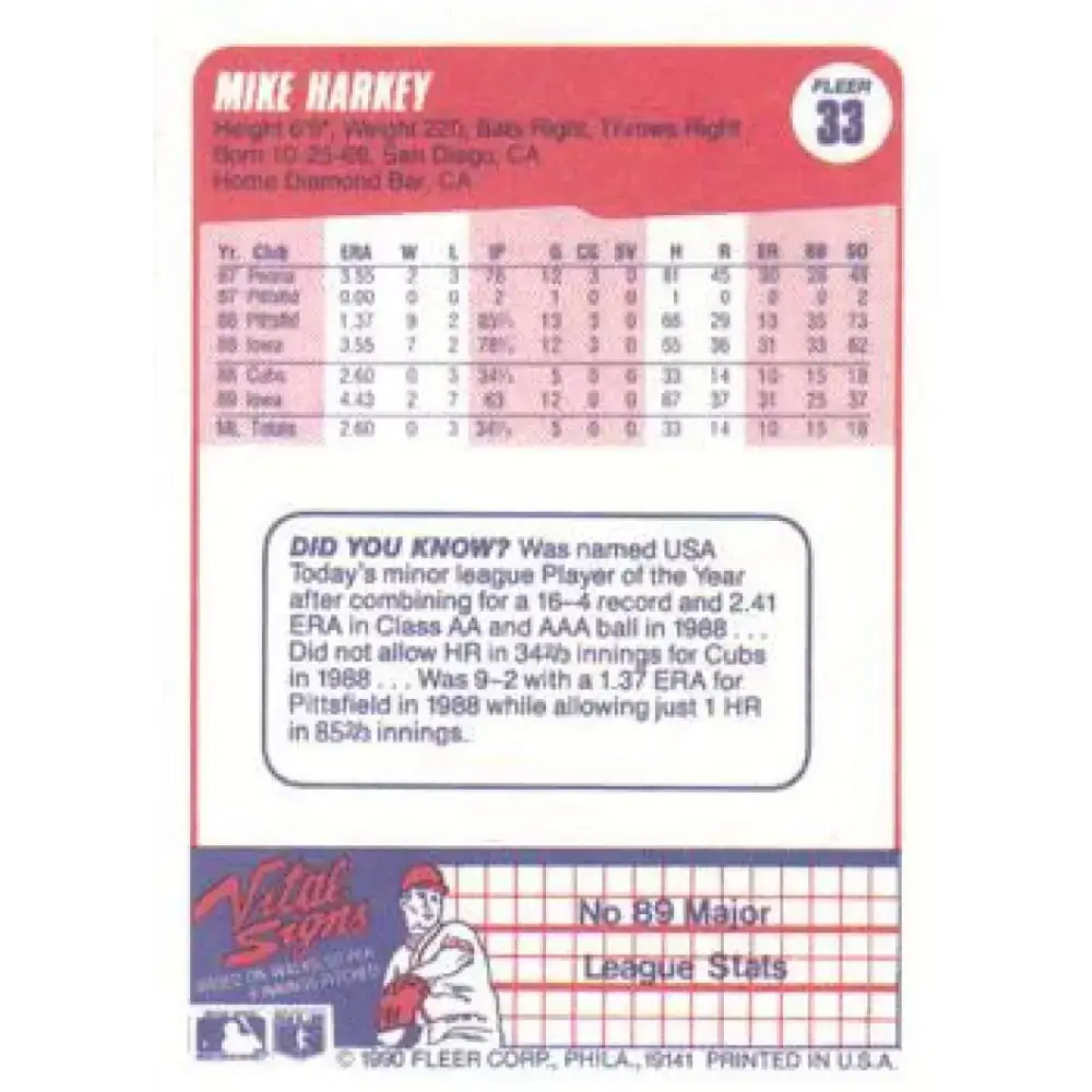 1990 Fleer #33 Mike Harkey NM-MT Chicago Cubs Baseball Card - Baseball Card Single
