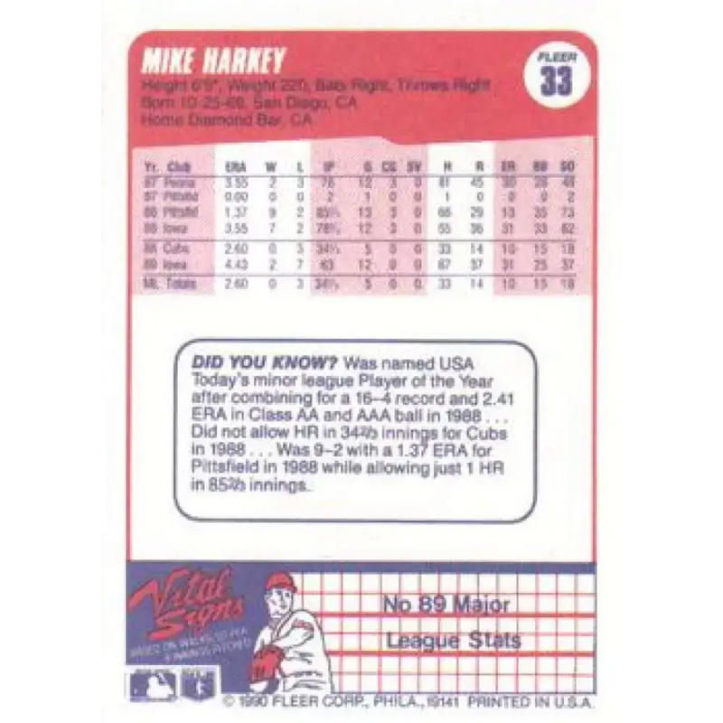 1990 Fleer #33 Mike Harkey NM-MT Chicago Cubs Baseball Card - Baseball Card Single