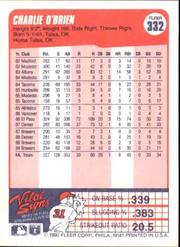 1990 Fleer #332 Charlie O’Brien NM-MT Brewers ID:21809 - Baseball Card Single