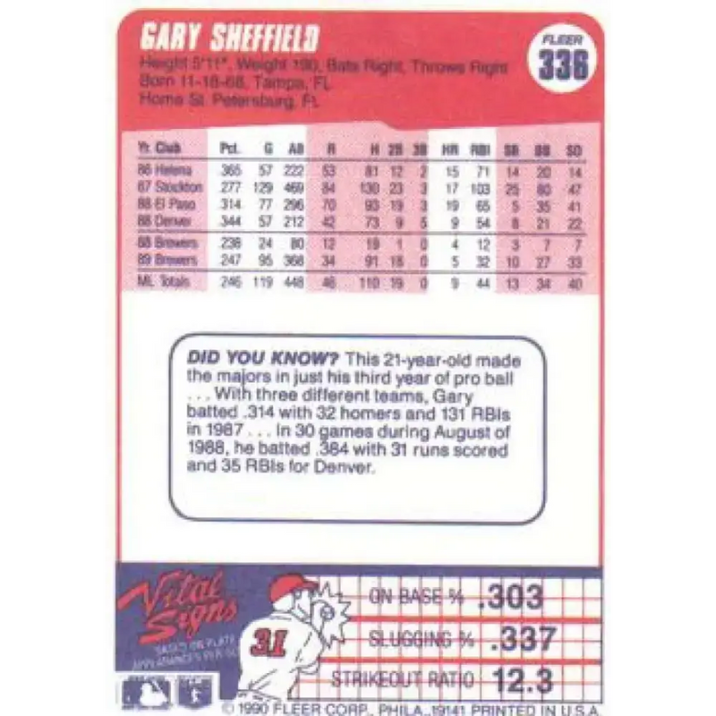 1990 Fleer #336 Gary Sheffield NM-MT Milwaukee Brewers Baseball Card - Baseball Card Single