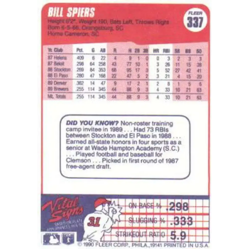 1990 Fleer #337 Bill Spiers NM-MT Milwaukee Brewers Baseball Card - Baseball Card Single