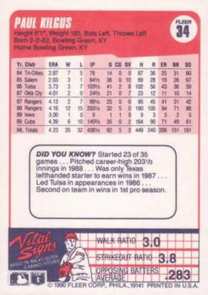 1990 Fleer #34 Paul Kilgus NM-MT Chicago Cubs Baseball Card - Baseball Card Single