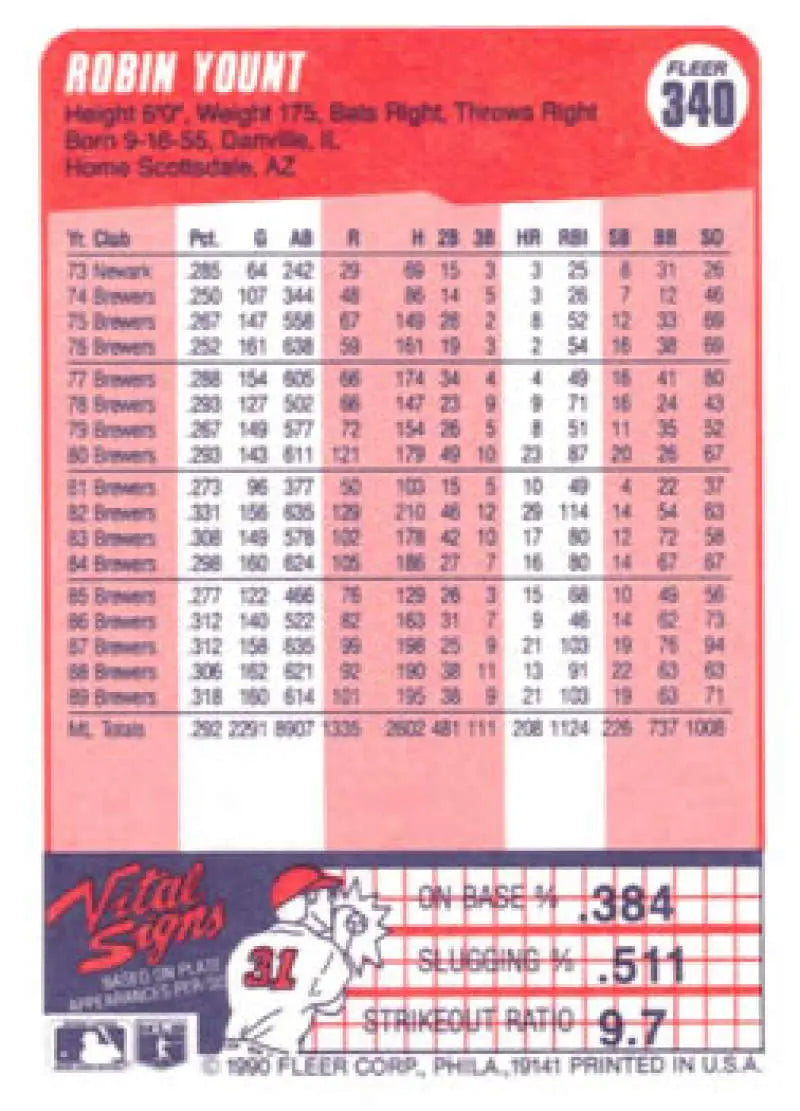 1990 Fleer #340 Robin Yount NM-MT Milwaukee Brewers Baseball Card