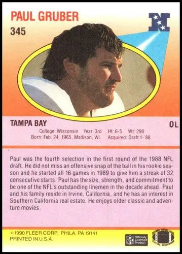 Original gloss 1990 Fleer Paul Gruber football card featuring Buccaneers collectible
