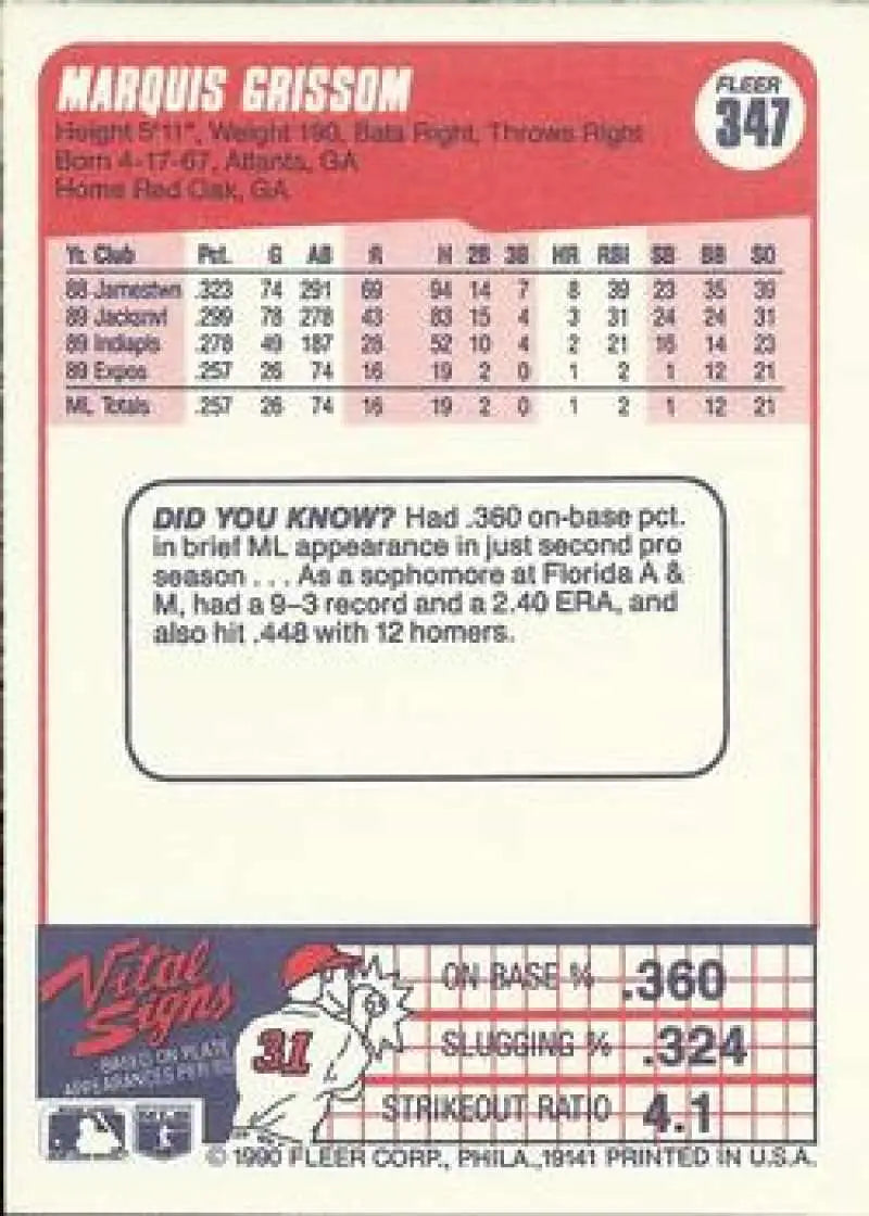 1990 Fleer #347 Marquis Grissom NM-MT RC Rookie Montreal Expos Baseball Card - Baseball Card Single