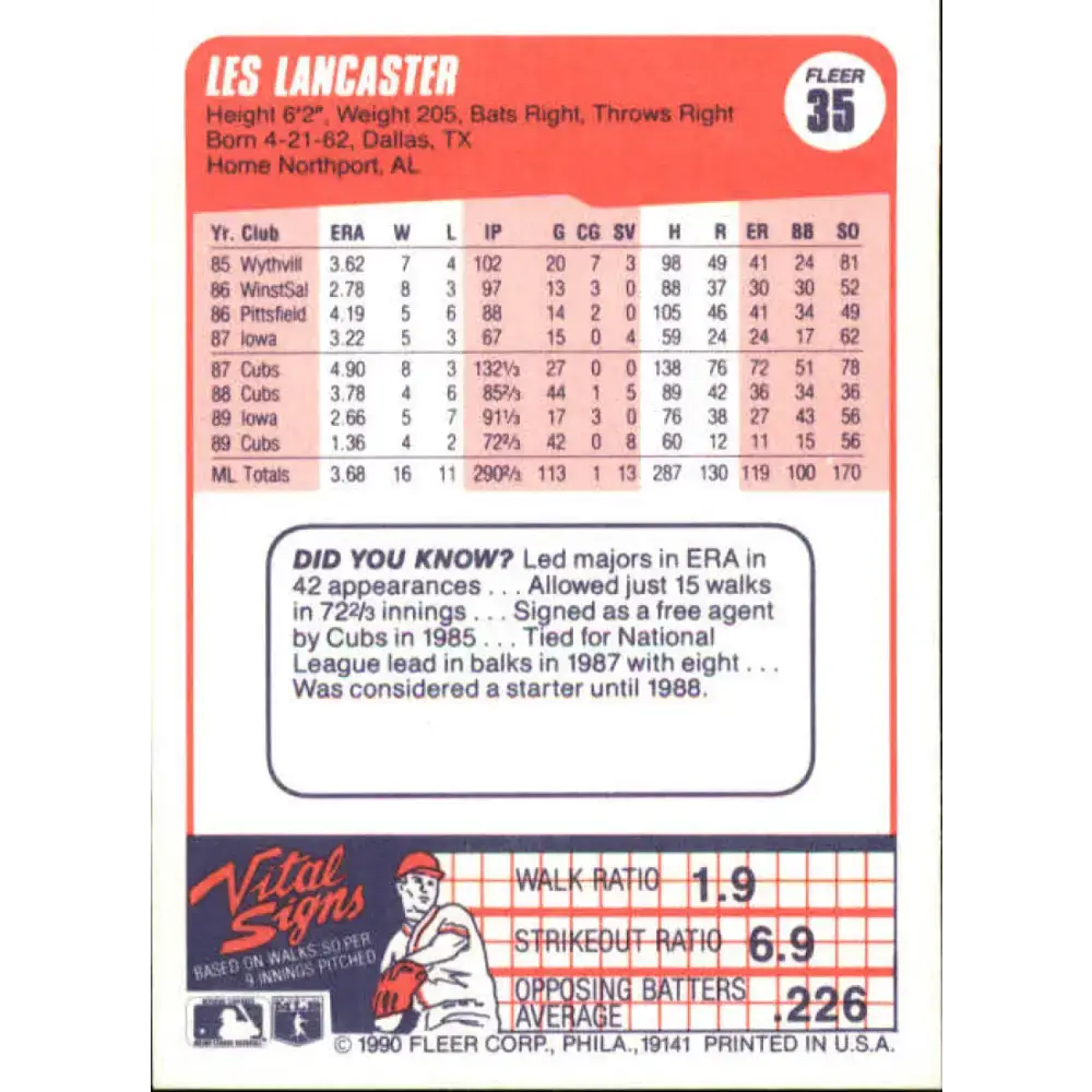 1990 Fleer #35 Les Lancaster NM-MT Chicago Cubs Baseball Card - Baseball Card Single