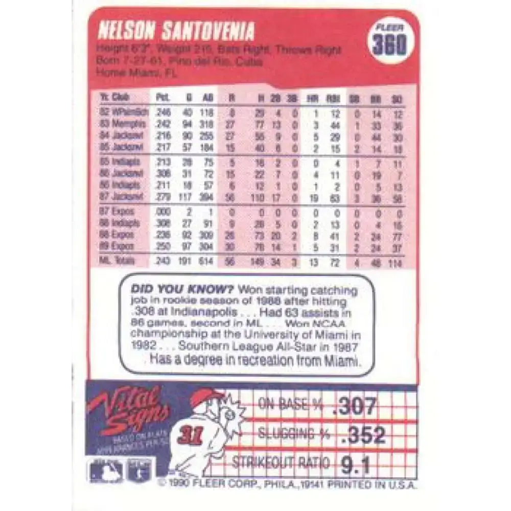 1990 Fleer #360 Nelson Santovenia NM-MT Montreal Expos Baseball Card - Baseball Card Single