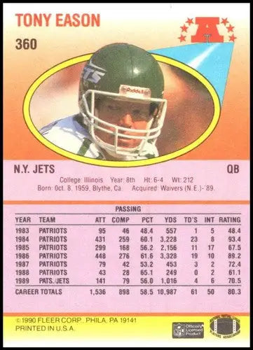 Original gloss 1990 Fleer Tony Eason football card featuring Tony Eason as a New York Jet