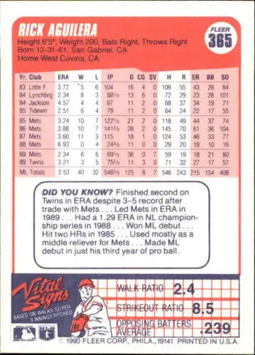 1990 Fleer #365 Rick Aguilera NM-MT Twins ID:3627 - Baseball Card Single