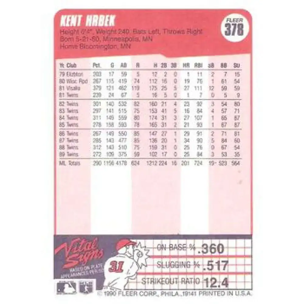 1990 Fleer #378 Kent Hrbek NM-MT Minnesota Twins Baseball Card - Baseball Card Single