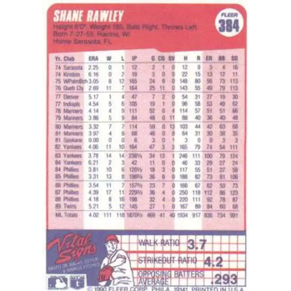 1990 Fleer #384 Shane Rawley NM-MT Minnesota Twins Baseball Card - Baseball Card Single