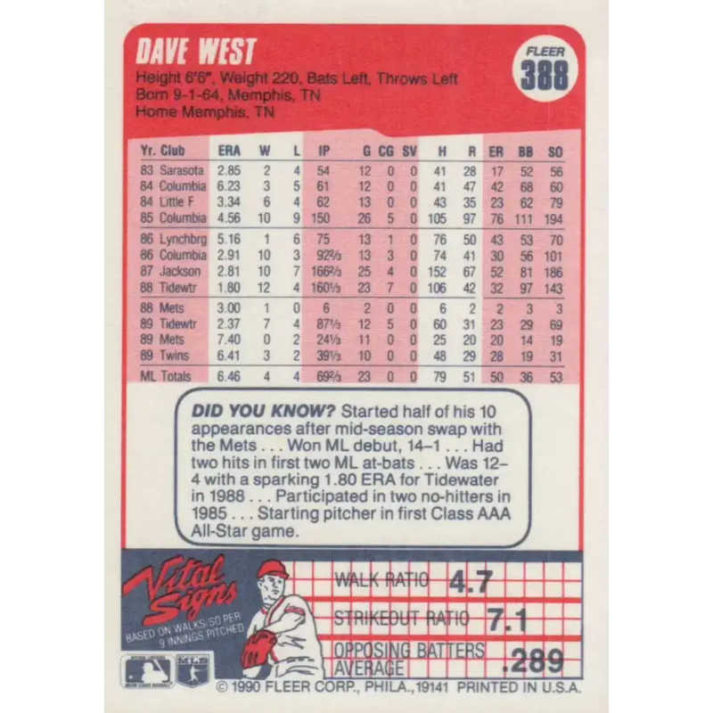1990 Fleer #388 David West NM-MT Minnesota Twins Baseball Card - Baseball Card Single