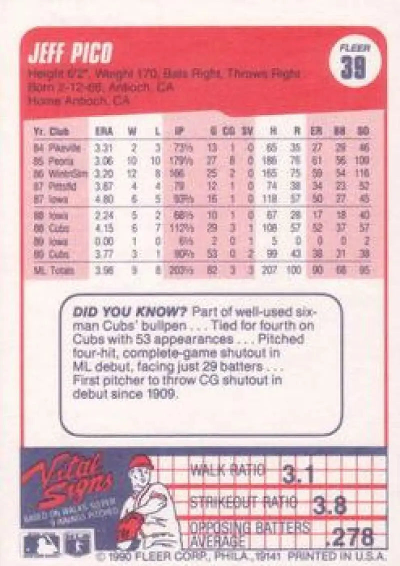 1990 Fleer #39 Jeff Pico NM-MT Chicago Cubs Baseball Card - Baseball Card Single