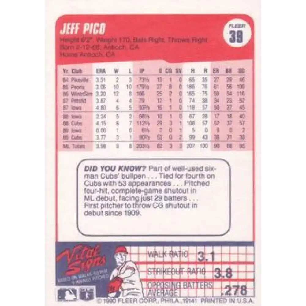 1990 Fleer #39 Jeff Pico NM-MT Chicago Cubs Baseball Card - Baseball Card Single