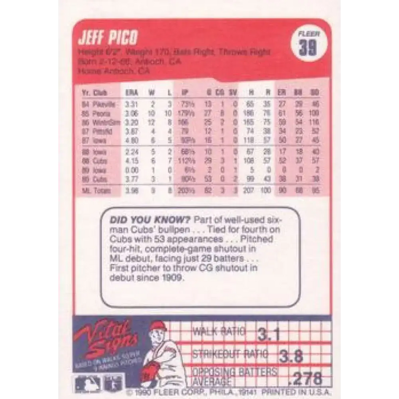 1990 Fleer #39 Jeff Pico NM-MT Chicago Cubs Baseball Card - Baseball Card Single