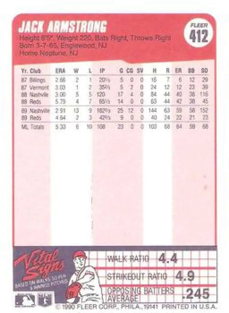 1990 Fleer #412 Jack Armstrong NM-MT Cincinnati Reds Baseball Card - Baseball Card Single