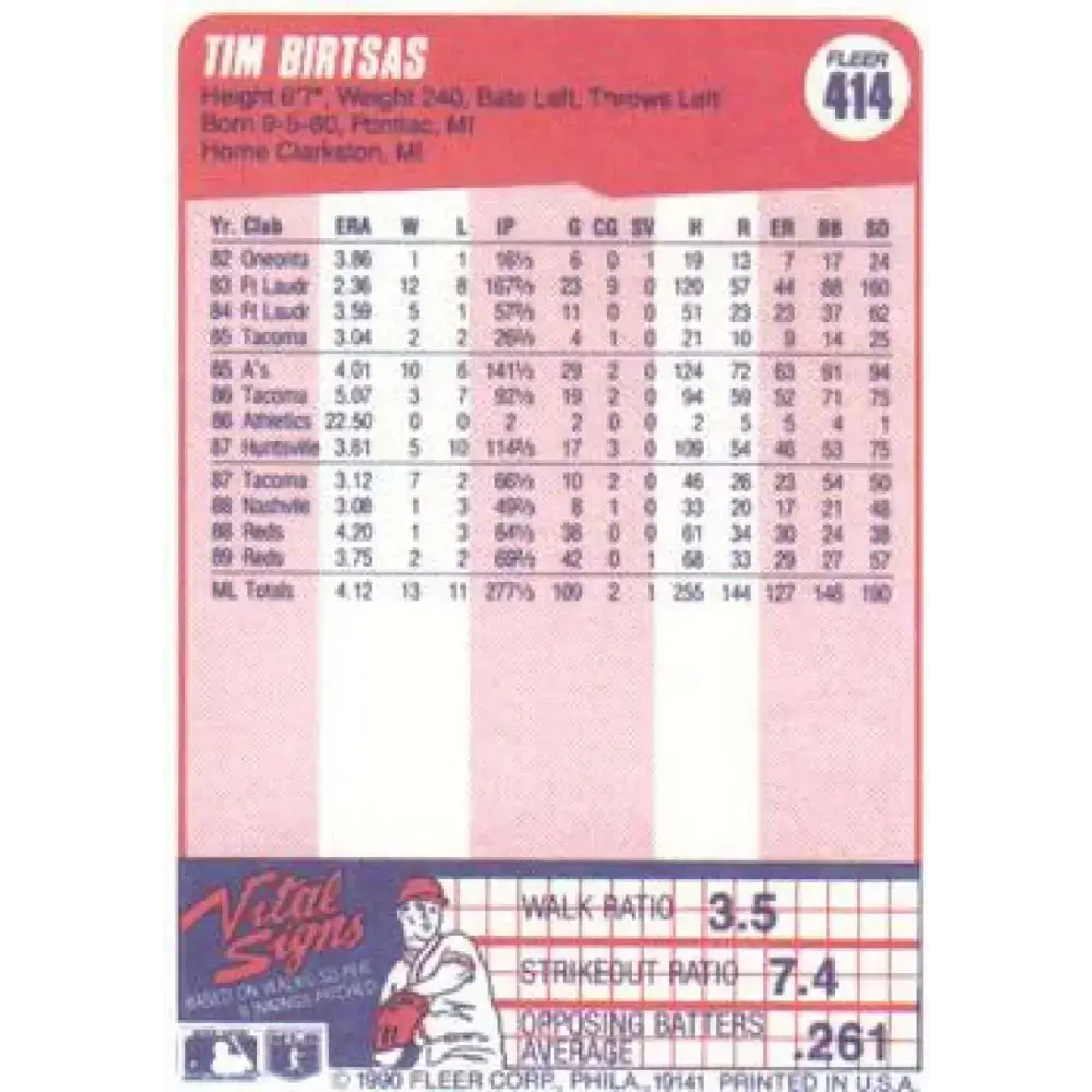 1990 Fleer #414 Tim Birtsas NM-MT Cincinnati Reds Baseball Card - Baseball Card Single
