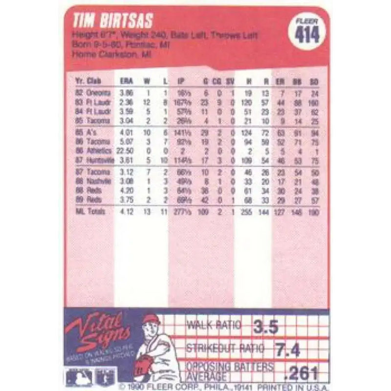 1990 Fleer #414 Tim Birtsas NM-MT Cincinnati Reds Baseball Card - Baseball Card Single