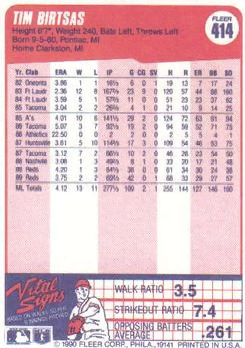 1990 Fleer #414 Tim Birtsas NM-MT Cincinnati Reds Baseball Card - Baseball Card Single